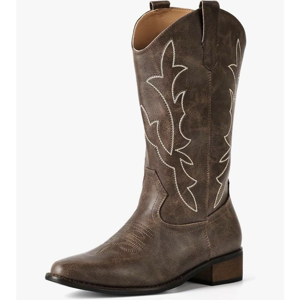 IUV Women’s Western Cowgirl Boots Mid Calf Pointed Toe Boot Dark Brown Size 8